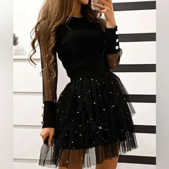 NWT! SZ M BLACK GLITTER SPARKLY SPARKLE MESH SLEEVE TUTU DRESS - Picture 1 of 1